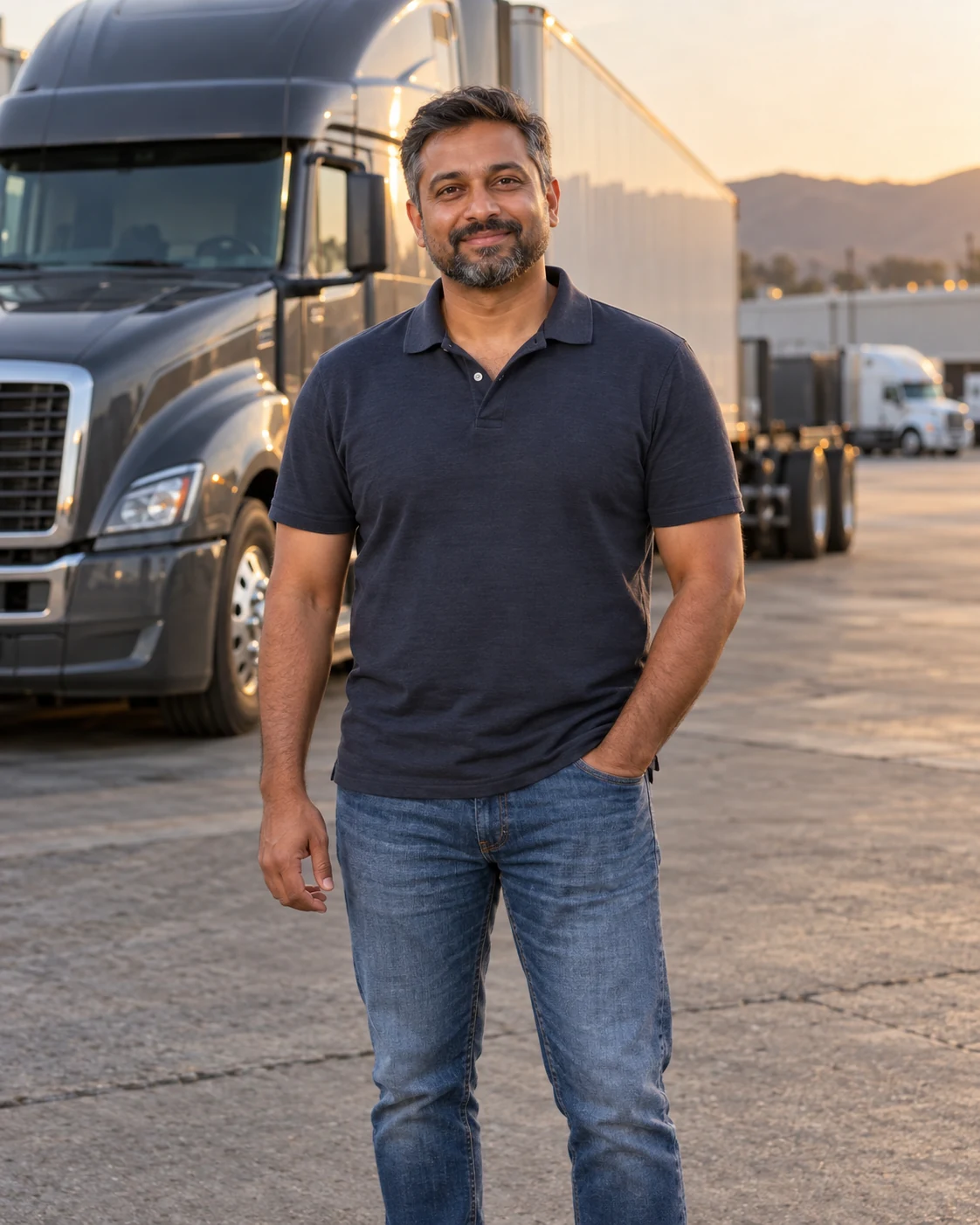 AI-generated illustrative portrait of a 44-year-old Indian-American man in a polo shirt and jeans beside a truck